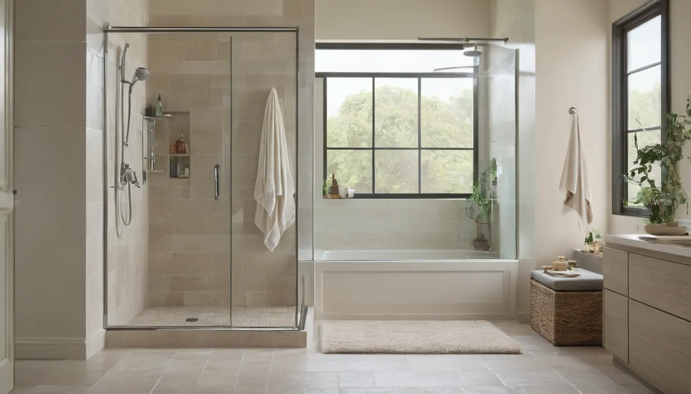 A bright walk-in shower with a low threshold and fold-down seat in a Westhampton Beach home